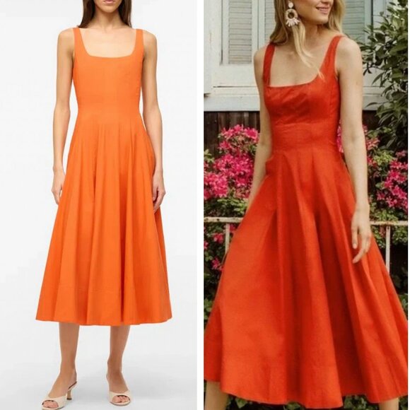 NWT STAUD Wells Midi Dress Tangerine Orange French Cotton Casual Sz6 Classic - Picture 3 of 7